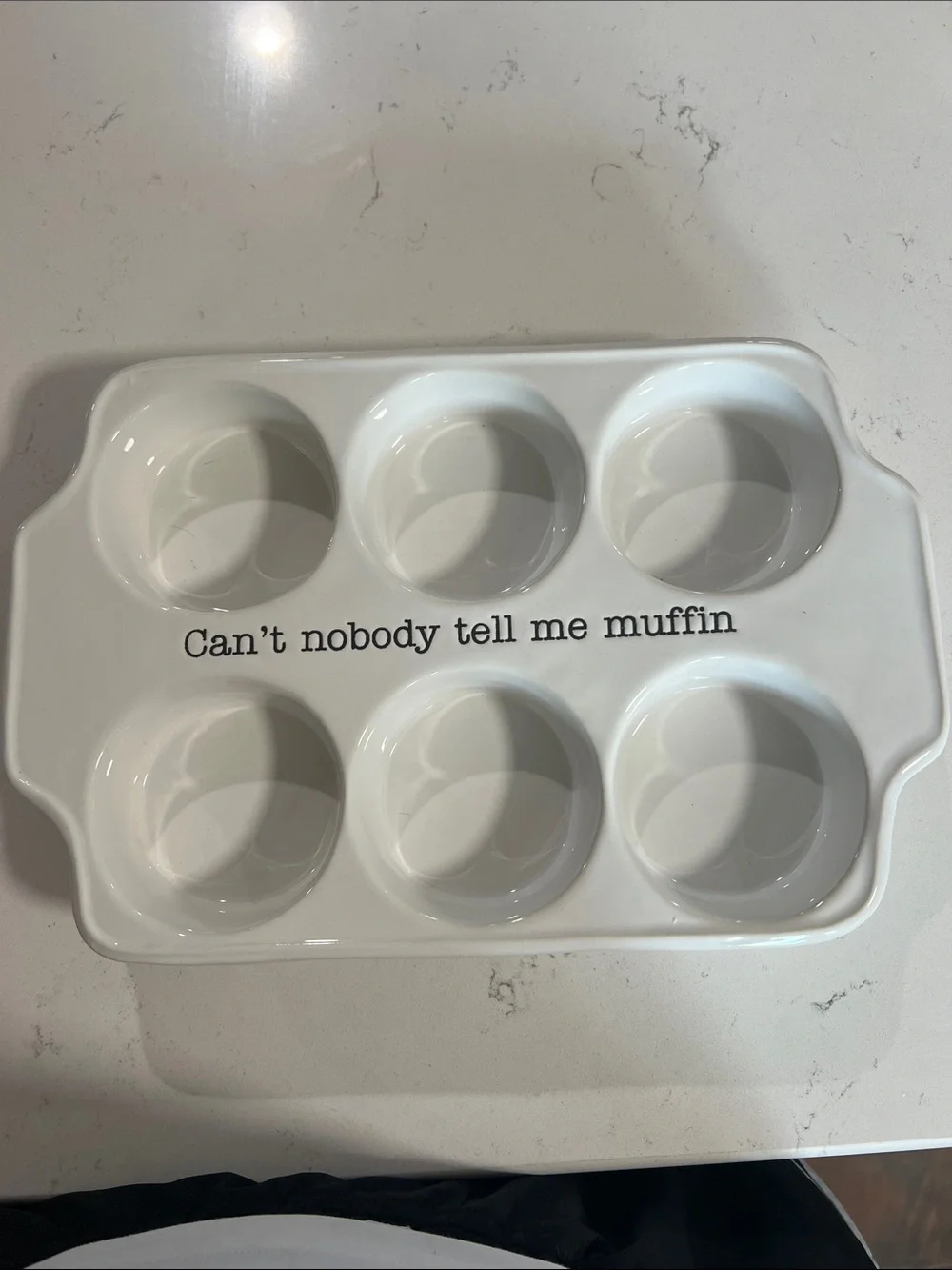 Mud Pie White Ceramic 6-Cup Muffin Baker with Playful Text